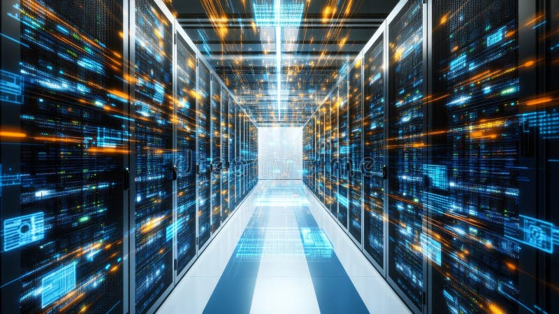 Data Center, Server Room With Supercomputer. Big Data, Artificial Intelligence Concept. vector illustration