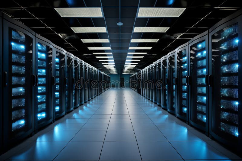 Data center with several rows of running server racks stock photos