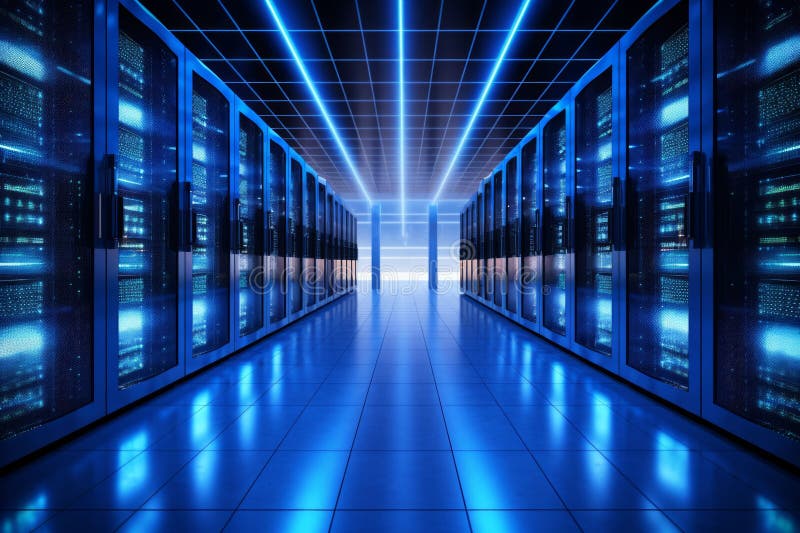 Data center with several rows of running server racks royalty free stock photos