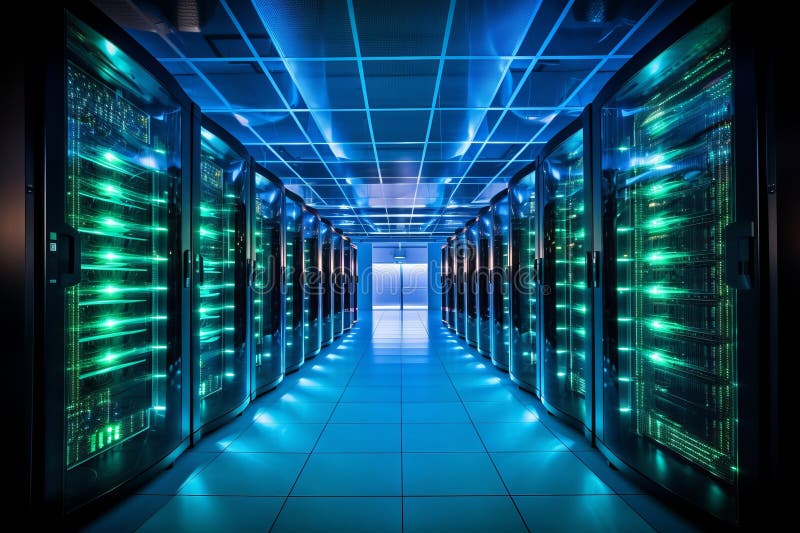 Data center with several rows of running server racks royalty free stock images