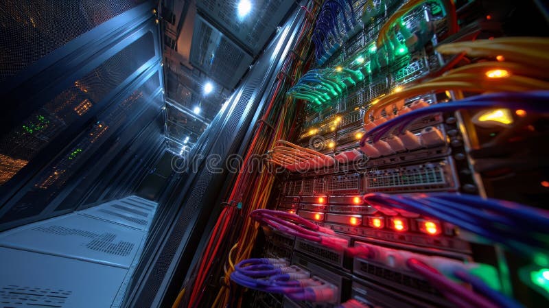A data center showcases rows of illuminated server racks with a complex network of colorful cables and blinking lights royalty free stock image