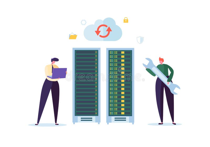 Data Center Technology Concept. Flat People Characters Engineers Working in Network Server Room. Web Hosting vector illustration Data Center Technology Concept. Flat People Characters Engineers Working in Network Server Room. Web Hosting vector illustration