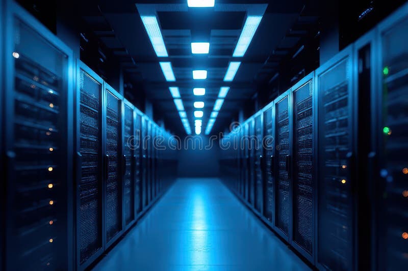 Data Center Visualization and Advanced Networking Technologies in Server Racks with Cloud Computing royalty free illustration