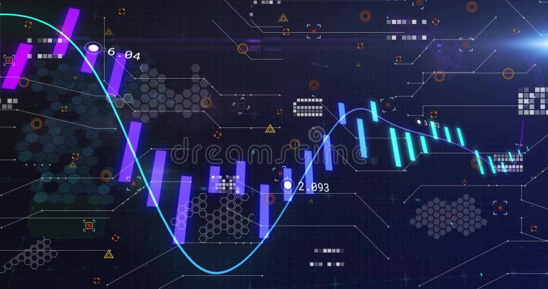 Data chart displaying on dark analytics interface, with cyan sine curve and violet-turquoise bars. Technology, visualization, digital, futurism, ui, interface, innovation. Application sine illustrations