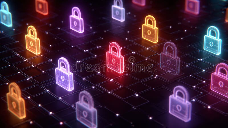 Data compliance network grid neon lock icons futuristic style create secure digital environment with glowing colorful stock photo