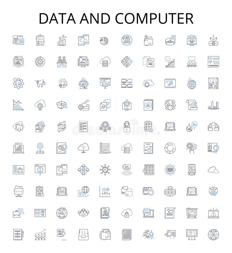 Data and computer outline icons collection. Data, Computer, Analysis, Science, Networking, Technology, Storage vector vector illustration