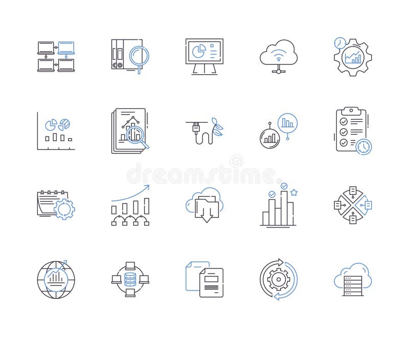 Data and computer outline icons collection. Data, Computer, Analysis, Science, Networking, Technology, Storage vector vector illustration
