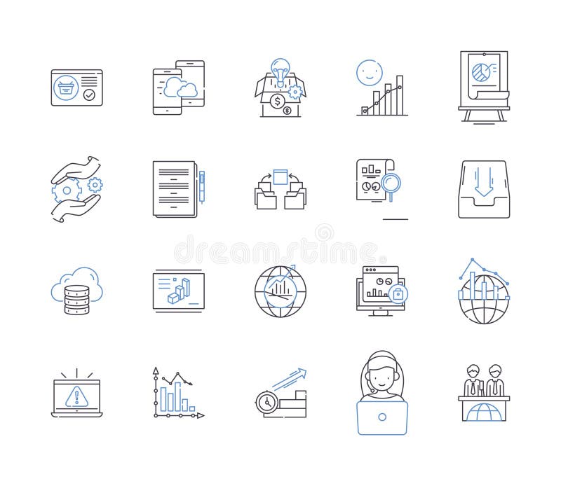 Data and computer outline icons collection. Data, Computer, Analysis, Science, Networking, Technology, Storage vector stock illustration