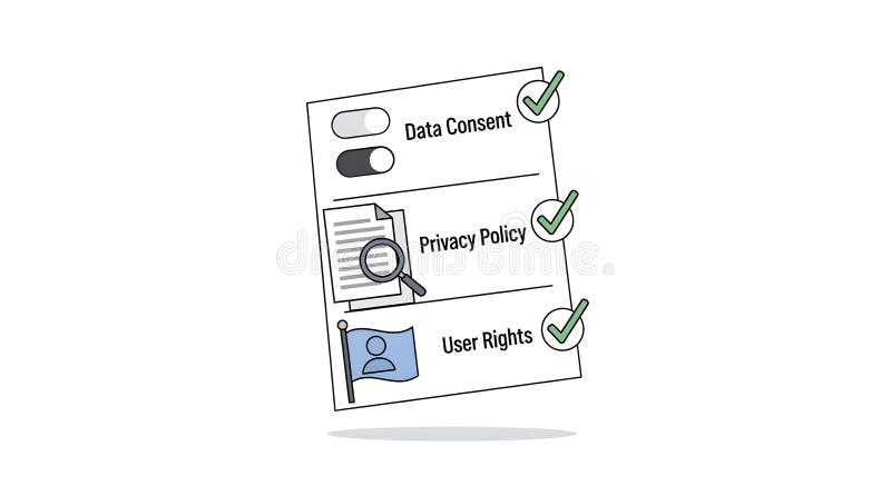 Illustration depicting data consent, privacy policy, and user rights with checkmark icons. Ideal for use in articles, websites, or presentations related to data security, legal compliance, and online privacy. User consent illustrations