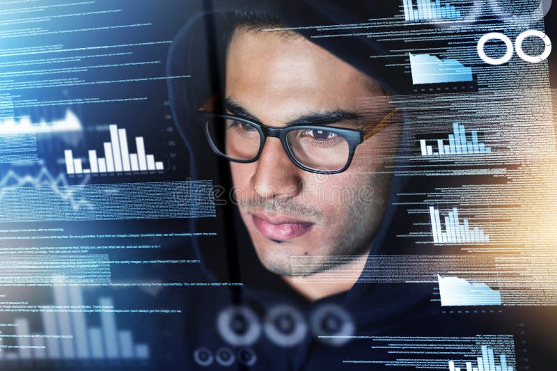 Data, digital overlay and man, hacker or programmer in night hacking, programming analysis or fintech crime. Software royalty free stock images