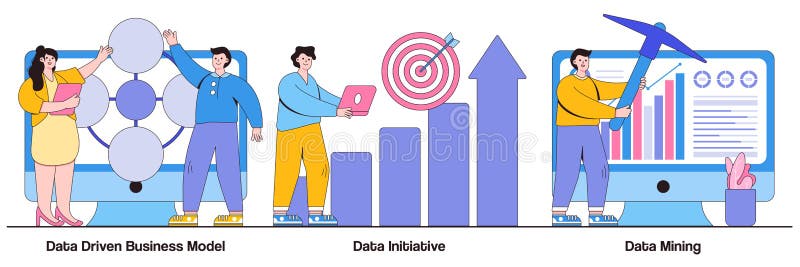 Data driven business model, data initiative, data mining concept with tiny people. Machine learning and database systems abstract vector illustration set. Computer science, code analysis metaphor