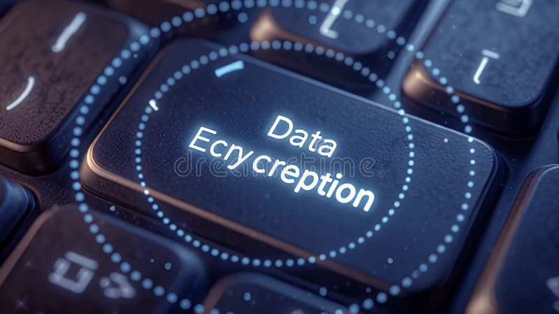 Data encryption key press cybersecurity close up digital technology high tech security privacy system. Cybersecurity key press vector illustration