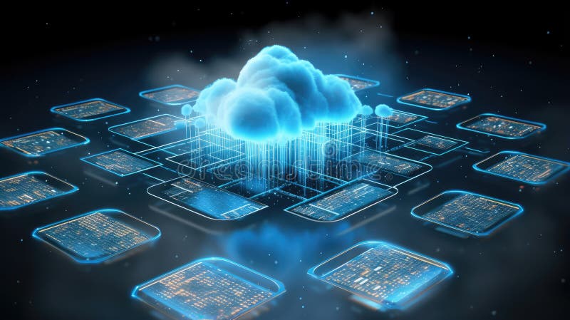 Data floating in a digital cloud, accessed by devices on the ground, visualizing the concept of remote data storage and access vector illustration
