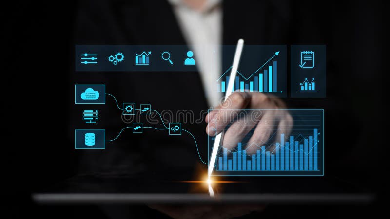 Data flow from database and cloud to processing and analytics dashboards Latch royalty free stock image