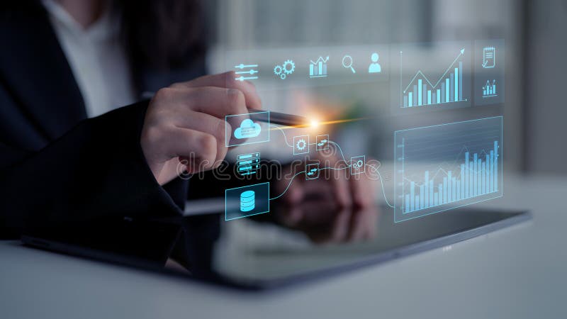 Data flow from database and cloud to processing and analytics dashboards Latch stock photography