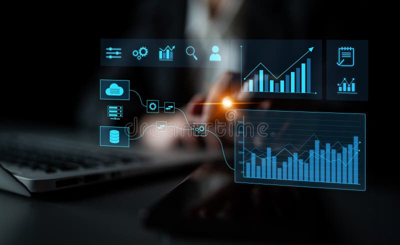 Data flow from database and cloud to processing and analytics dashboards Latch stock photography