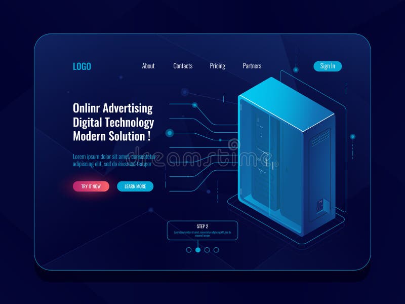 Data flow, information exchange process, server room isometric icon, data center, database, incoming binary cable, cloud royalty free illustration Data flow, information exchange process, server room isometric icon, data center, database, incoming binary cable, cloud royalty free illustration