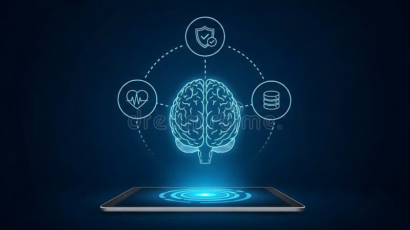 A futuristic illustration of a brain with icons representing security royalty free illustration