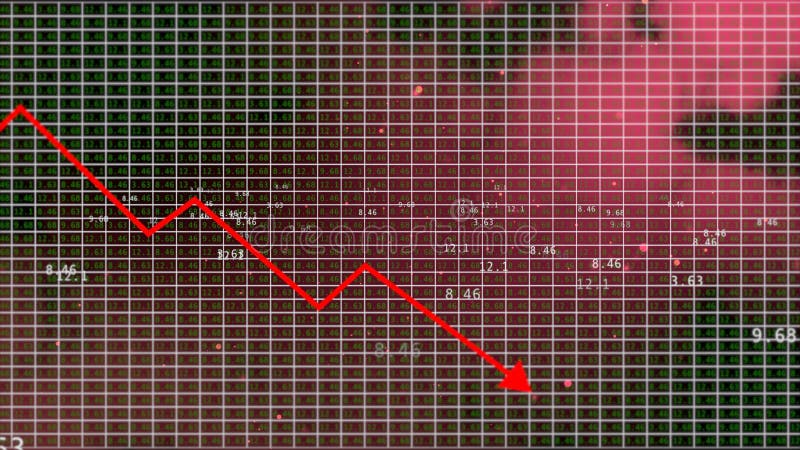 A data grid of streaming numbers changing on display and red arrow going down. stock illustration A data grid of streaming numbers changing on display and red arrow going down. stock illustration
