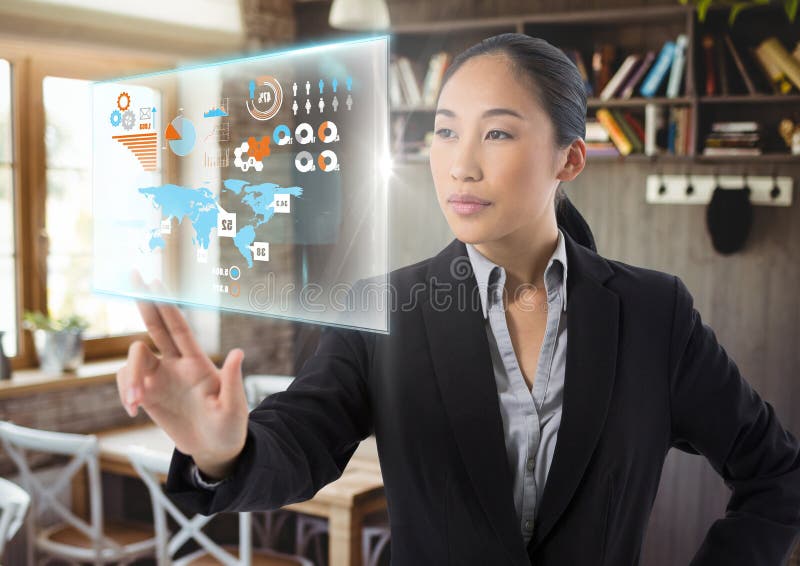 Digital composite of Data interface and Businesswoman touching air in front of cafe. Digital composite of Data interface and Businesswoman touching air in front of cafe