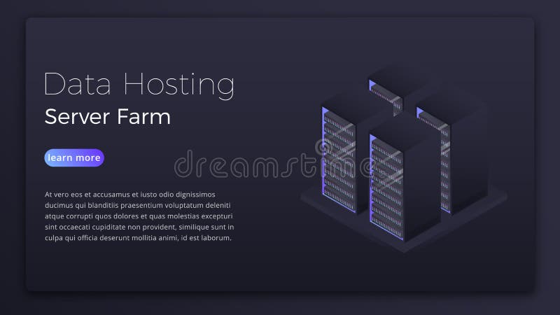 Data hosting. Datacenter server farm isometric concept. Modern data hosting hero image design stock illustration