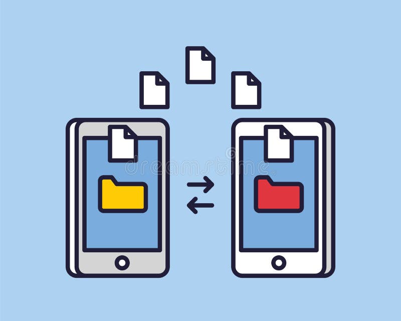 Data image file transfer between device smartphone. File transfer copy files data sheet exchange concept. Vector flat stock illustration Data image file transfer between device smartphone. File transfer copy files data sheet exchange concept. Vector flat stock illustration