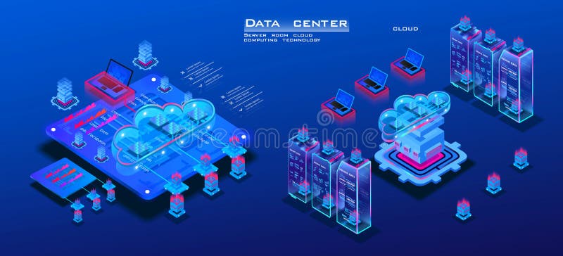 Data and information center isometric concept. Server room with powerful processor for web hosting. Concept storing large amounts of information. Cloud computing and data processing