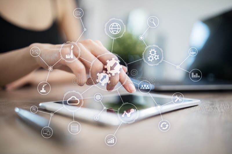 Data integration diagram and process automation business internet technology concept on virtual screen. royalty free stock image