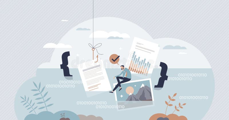 Data lake with big raw information files storage place tiny person concept royalty free illustration