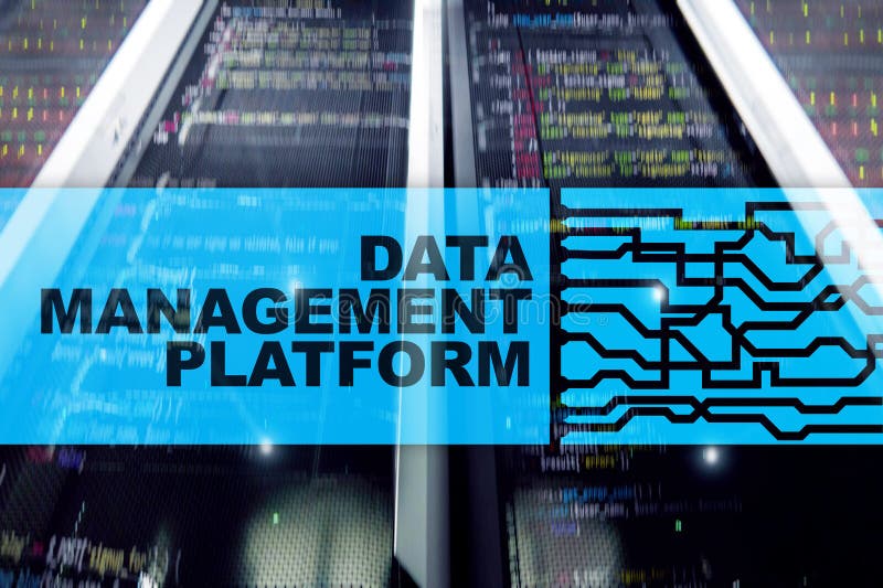 Data management and analysis platform concept on server room background vector illustration