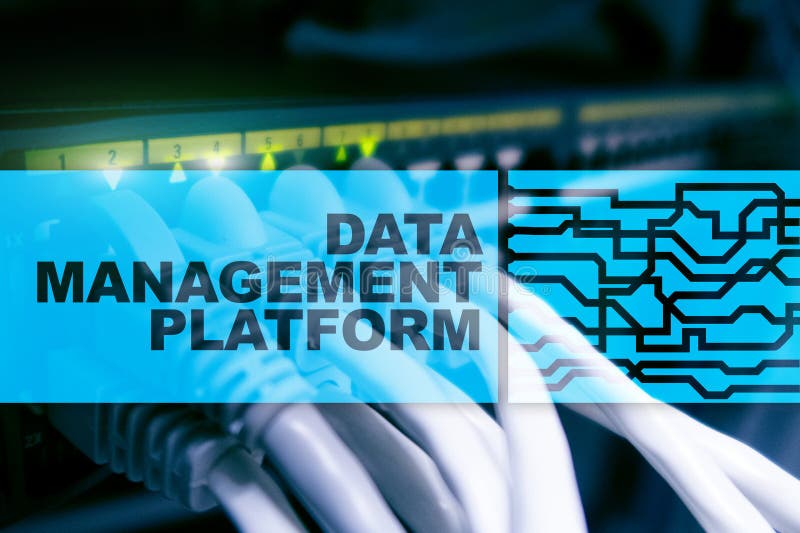 Data management and analysis platform concept on server room background stock image