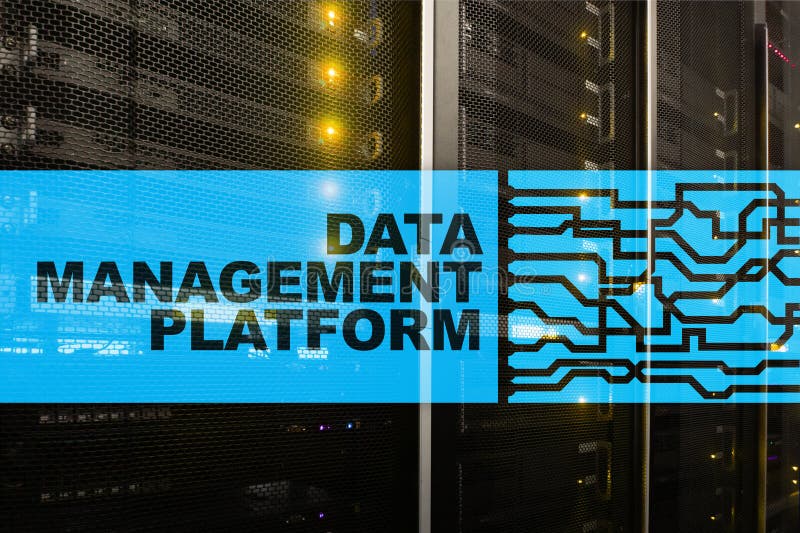 Data management and analysis platform concept on server room background stock photography