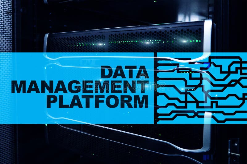 Data management and analysis platform concept on server room background stock image