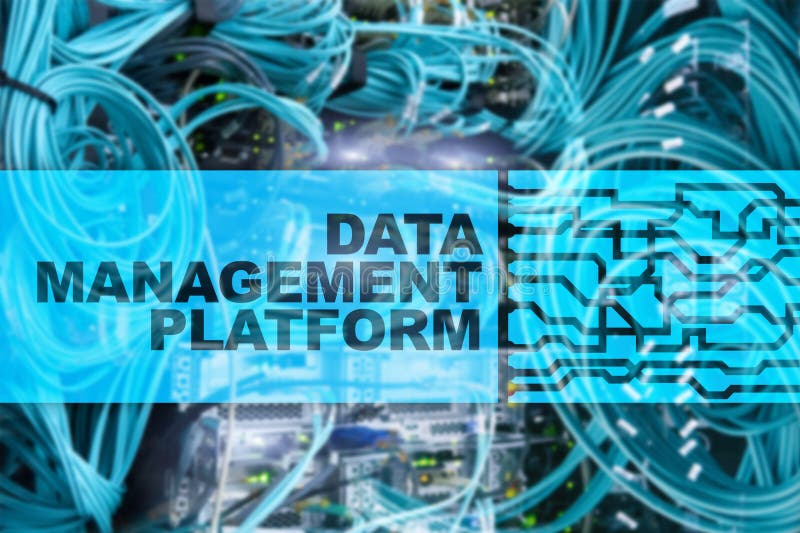 Data management and analysis platform concept on server room background stock images