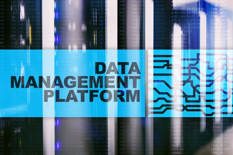 Data management and analysis platform concept on server room background stock image