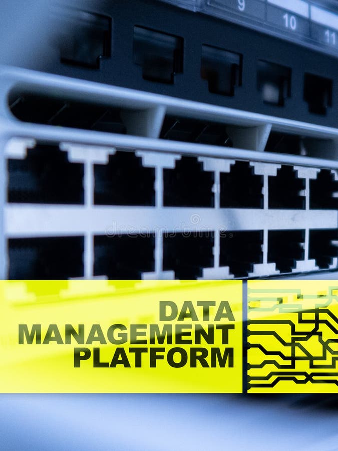 Data management and analysis platform concept on server room background stock image