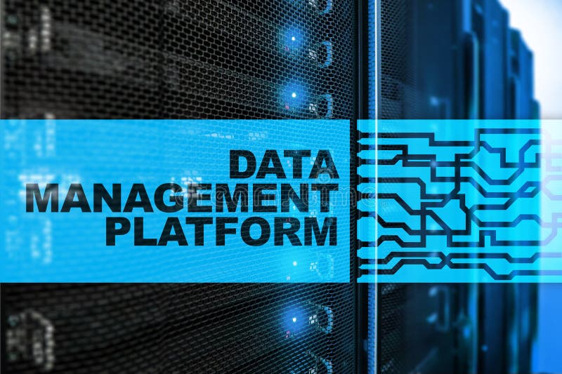 Data management and analysis platform concept on server room background. vector illustration