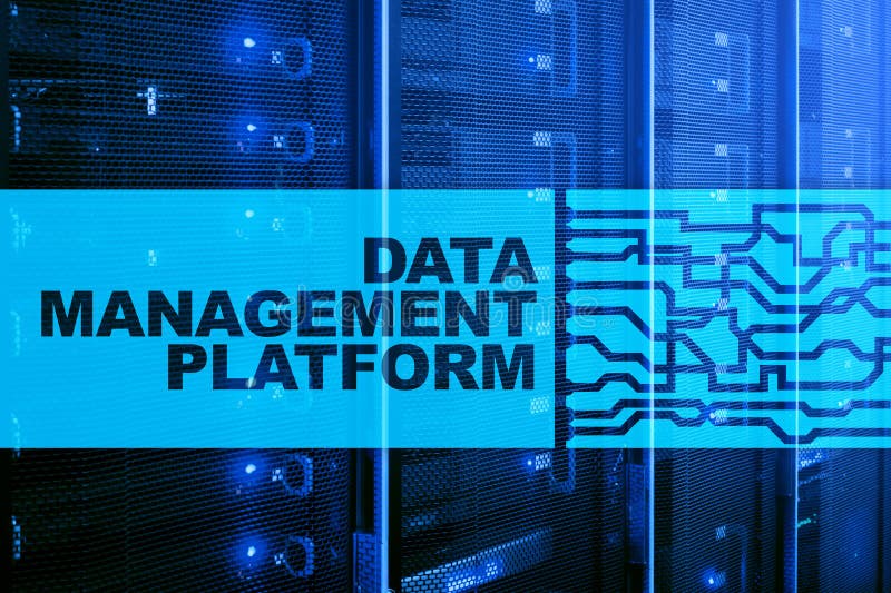 Data management and analysis platform concept on server room background stock images