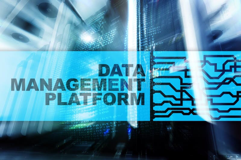 Data management and analysis platform concept on server room background stock illustration