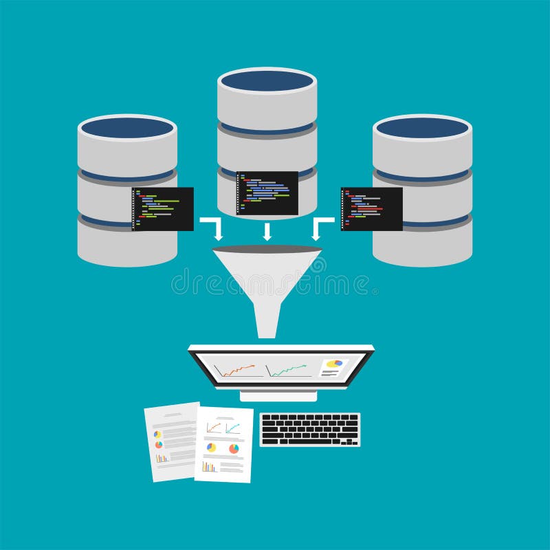 Data mining or business intelligence processing concept. Extract information from database for decision making vector illustration