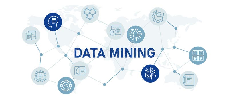 Data mining icon set with illustration file document management smart technology system programming computing AI royalty free illustration