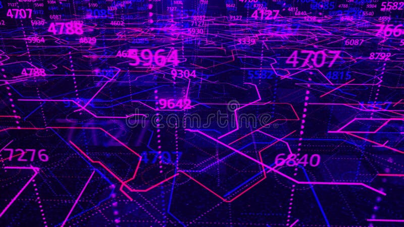 Data moving within computer circuitry with many changing numbers, seamless loop. Animation. Computer processing and stock illustration