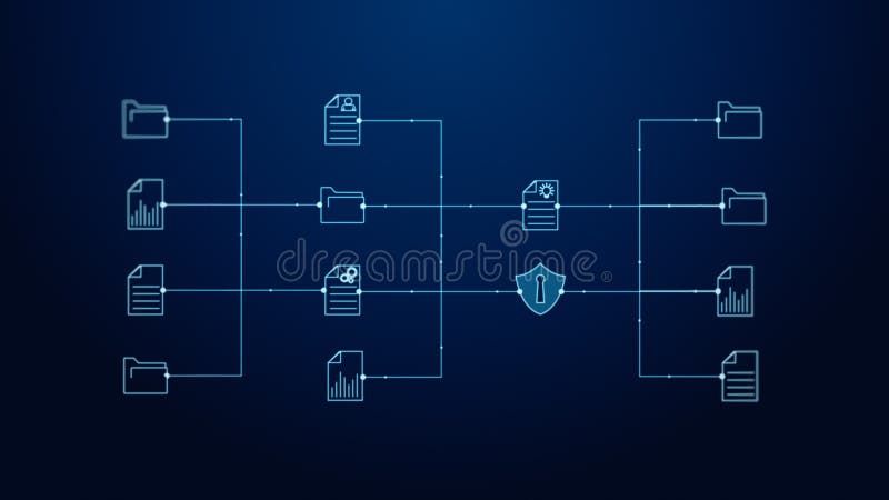 Data network featuring connected to various file types on digital interface. cloud computing and data security concepts. 3D stock illustration