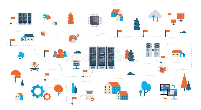 Data network flowchart server map isometric cloud storage synchronization internet connection database center concept vector illustration
