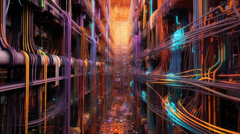 Data packets flowing through cables and routers, visualizing the intricate pathways of digital communication that make up the stock illustration