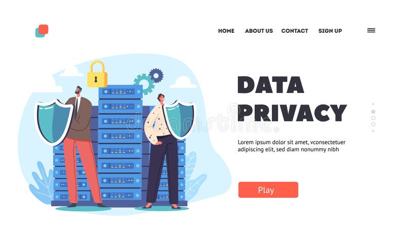 Data Privacy Landing Page Template. Man and Woman Characters Guards Holding Shield Defend Server Rack Or Hard Disks vector illustration