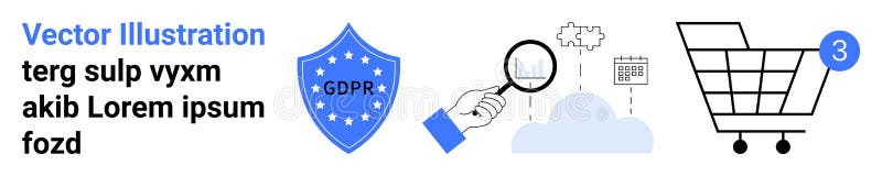 Data Privacy Protection, Cloud Storage, and Online Shopping Concept with GDPR Shield and Shopping Cart royalty free illustration