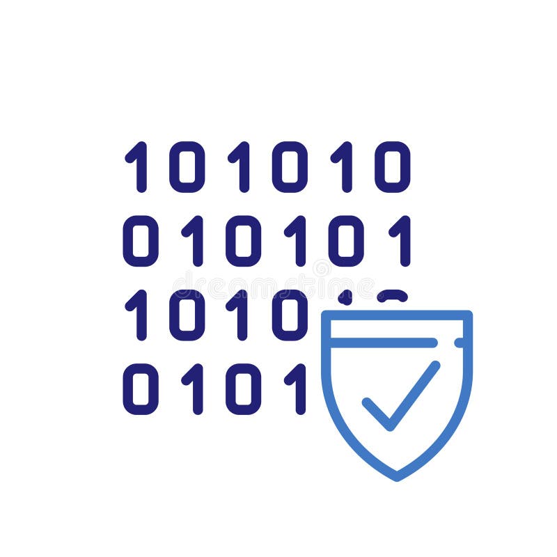 Data privacy and security icon with binary code and shield, vector thin line illustration for cyber protection, encryption, and vector illustration