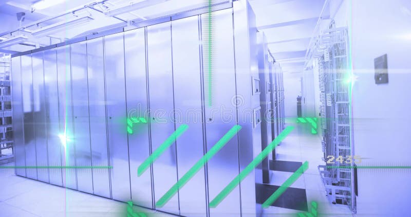 Data processing animation over modern server room with glowing green lines stock video footage