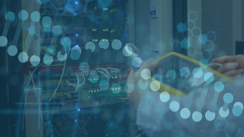 Data processing animation over server room with cables and equipment stock video footage